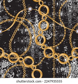 Seamless pattern decorated with precious stones, gold chains and pearls.