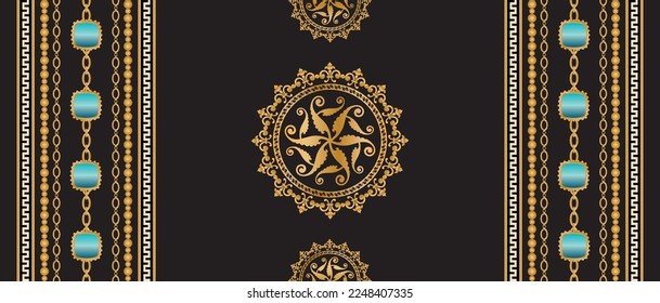 Seamless pattern decorated with precious stones, gold chains and pearls.