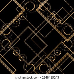 Seamless pattern decorated with precious stones, gold chains and pearls.