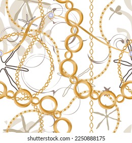 Seamless pattern decorated with precious stones, gold chains and pearls.