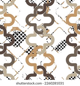 Seamless pattern decorated with precious stones, gold chains and pearls.