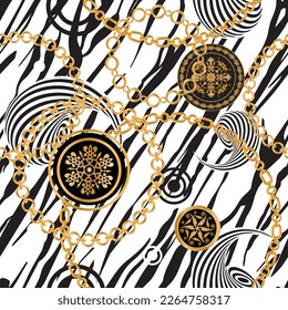 Seamless pattern decorated with precious stones, gold chains and pearls.