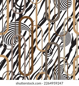 Seamless pattern decorated with precious stones, gold chains and pearls.