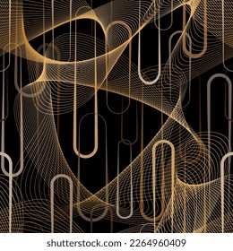 Seamless pattern decorated with precious stones, gold chains and pearls.