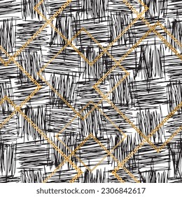 Seamless pattern decorated with precious stones, gold chains and pearls.