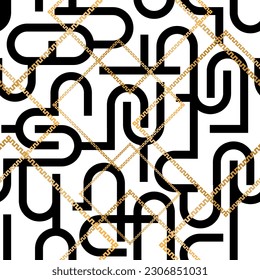 Seamless pattern decorated with precious stones, gold chains and pearls.