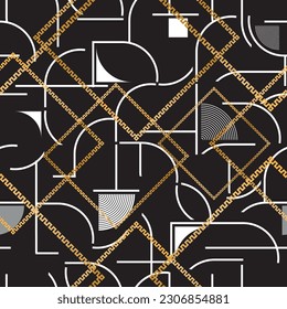 Seamless pattern decorated with precious stones, gold chains and pearls.