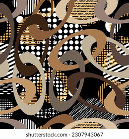 Seamless pattern decorated with precious stones, gold chains and pearls.