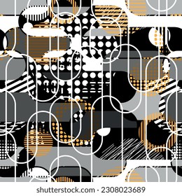 Seamless pattern decorated with precious stones, gold chains and pearls.
