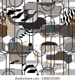 Seamless pattern decorated with precious stones, gold chains and pearls.