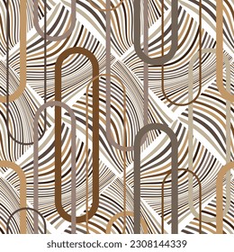 Seamless pattern decorated with precious stones, gold chains and pearls.
