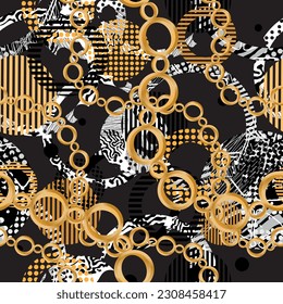 Seamless pattern decorated with precious stones, gold chains and pearls.