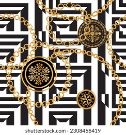 Seamless pattern decorated with precious stones, gold chains and pearls.