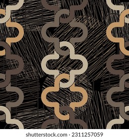 Seamless pattern decorated with precious stones, gold chains and pearls.