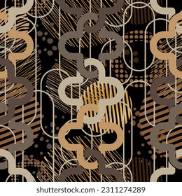Seamless pattern decorated with precious stones, gold chains and pearls.