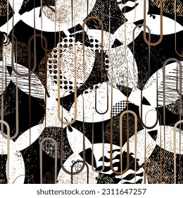 Seamless pattern decorated with precious stones, gold chains and pearls.