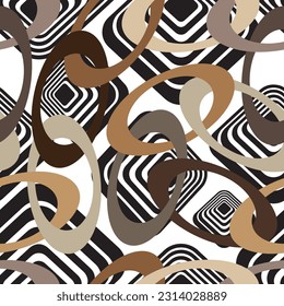 Seamless pattern decorated with precious stones, gold chains and pearls.