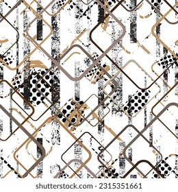 Seamless pattern decorated with precious stones, gold chains and pearls.