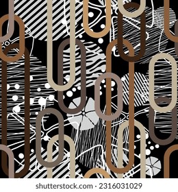 Seamless pattern decorated with precious stones, gold chains and pearls.