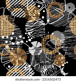 Seamless pattern decorated with precious stones, gold chains and pearls.