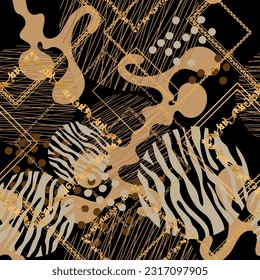 Seamless pattern decorated with precious stones, gold chains and pearls.