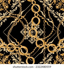 Seamless pattern decorated with precious stones, gold chains and pearls.