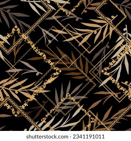 Seamless pattern decorated with precious stones, gold chains and pearls.