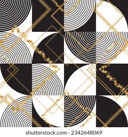 Seamless pattern decorated with precious stones, gold chains and pearls.