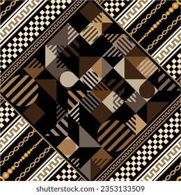 Seamless pattern decorated with precious stones, gold chains and pearls.