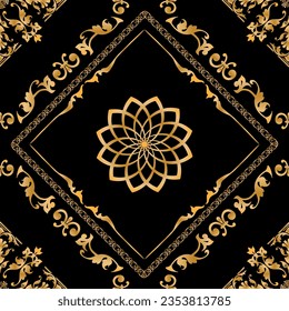 Seamless pattern decorated with precious stones, gold chains and pearls.