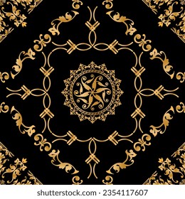 Seamless pattern decorated with precious stones, gold chains and pearls.