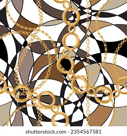 Seamless pattern decorated with precious stones, gold chains and pearls.