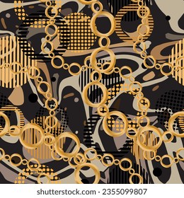Seamless pattern decorated with precious stones, gold chains and pearls.