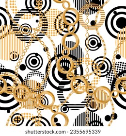 Seamless pattern decorated with precious stones, gold chains and pearls.