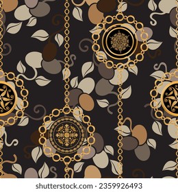Seamless pattern decorated with precious stones, gold chains and pearls.