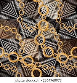 Seamless pattern decorated with precious stones, gold chains and pearls.