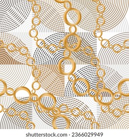 Seamless pattern decorated with precious stones, gold chains and pearls.