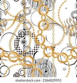 Seamless pattern decorated with precious stones, gold chains and pearls.