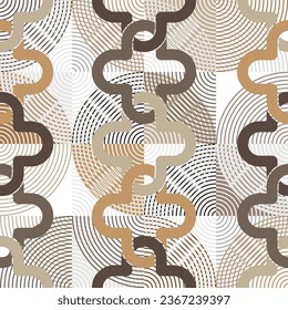 Seamless pattern decorated with precious stones, gold chains and pearls.