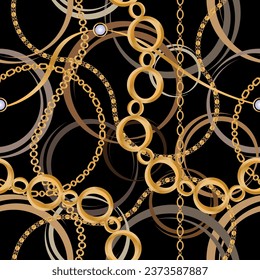 Seamless pattern decorated with precious stones, gold chains and pearls.