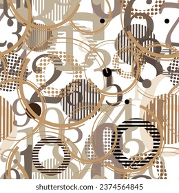 Seamless pattern decorated with precious stones, gold chains and pearls.