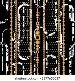 Seamless pattern decorated with precious stones, gold chains and pearls.