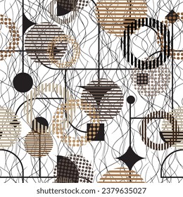 Seamless pattern decorated with precious stones, gold chains and pearls.