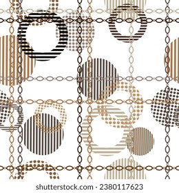 Seamless pattern decorated with precious stones, gold chains and pearls.