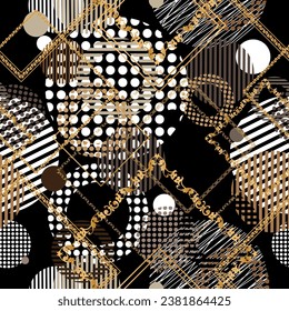 Seamless pattern decorated with precious stones, gold chains and pearls.