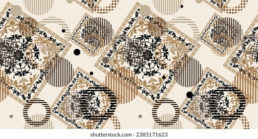 Seamless pattern decorated with precious stones, gold chains and pearls.