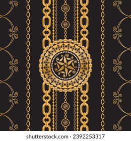 Seamless pattern decorated with precious stones, gold chains and pearls.