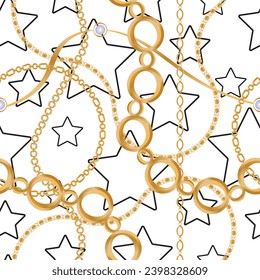 Seamless pattern decorated with precious stones, gold chains and pearls.