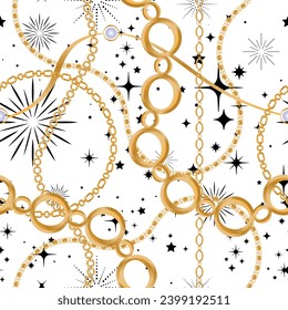 Seamless pattern decorated with precious stones, gold chains and pearls.