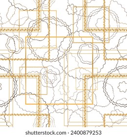 Seamless pattern decorated with precious stones, gold chains and pearls.